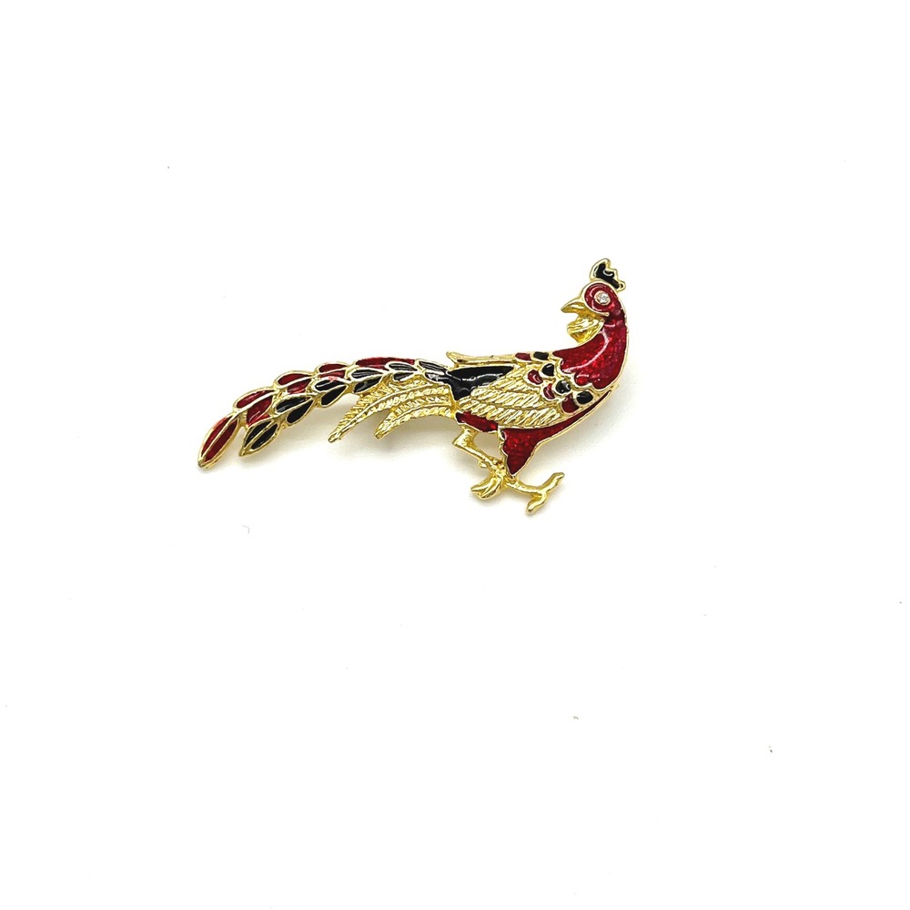Peacock Brooch Pin Red Rhinestone Gold Tone‎ Bird Figural Jewelry